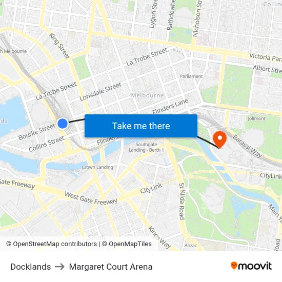 Docklands to Margaret Court Arena map