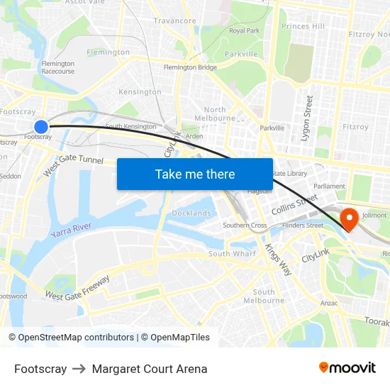 Footscray to Margaret Court Arena map