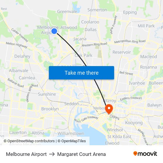 Melbourne Airport to Margaret Court Arena map