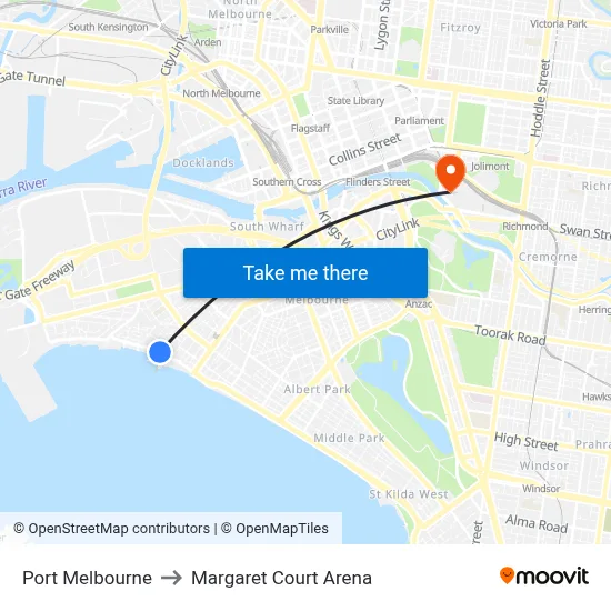 Port Melbourne to Margaret Court Arena map