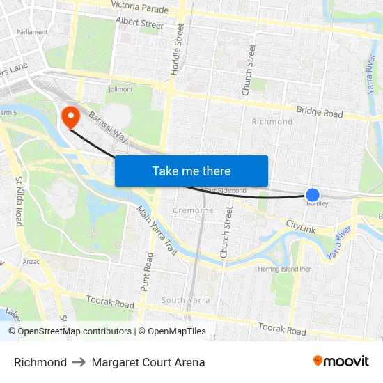 Richmond to Margaret Court Arena map