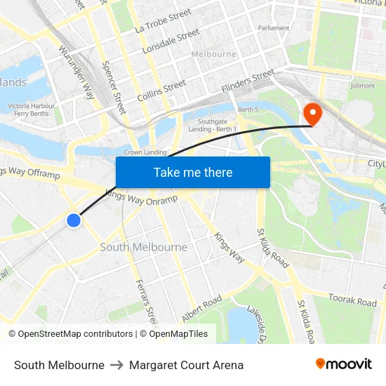 South Melbourne to Margaret Court Arena map