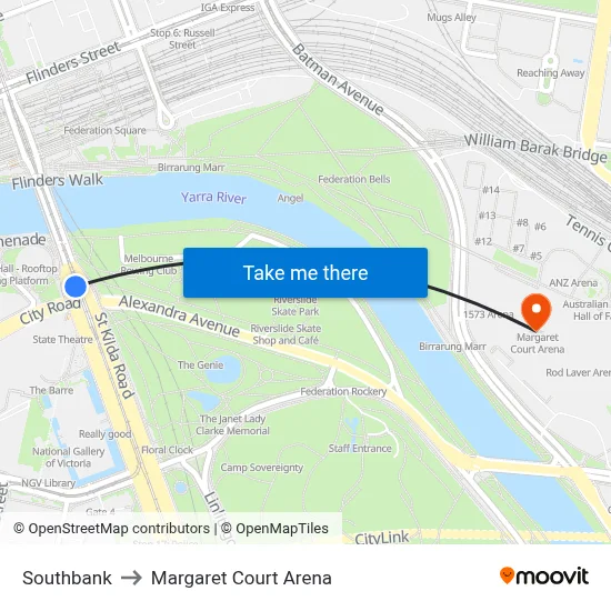 Southbank to Margaret Court Arena map