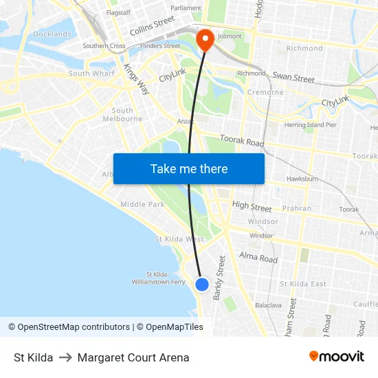 St Kilda to Margaret Court Arena map