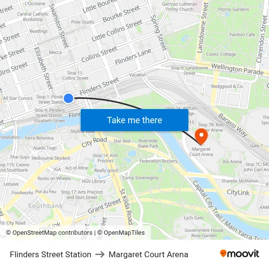 Flinders Street Station to Margaret Court Arena map