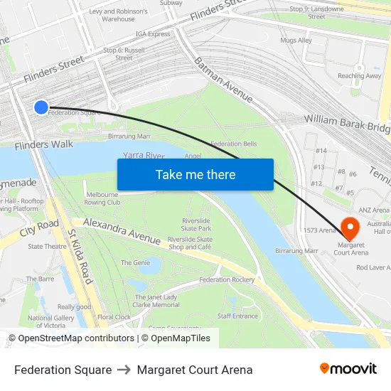 Federation Square to Margaret Court Arena map