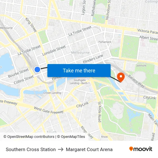 Southern Cross Station to Margaret Court Arena map