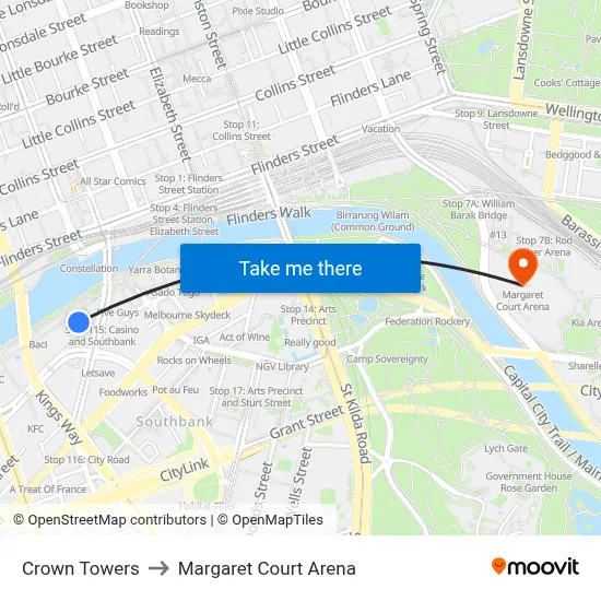 Crown Towers to Margaret Court Arena map