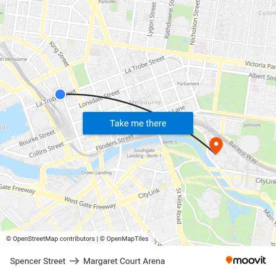 Spencer Street to Margaret Court Arena map