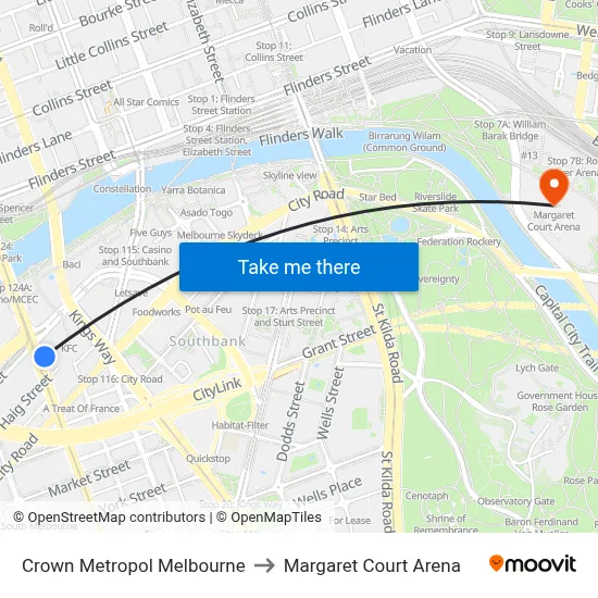 Crown Metropol Melbourne to Margaret Court Arena map