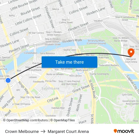 Crown Melbourne to Margaret Court Arena map