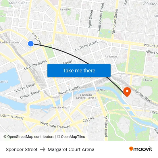 Spencer Street to Margaret Court Arena map