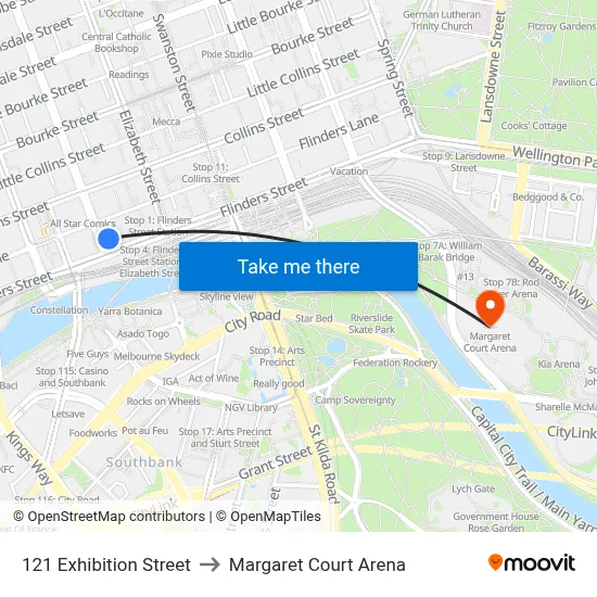 121 Exhibition Street to Margaret Court Arena map
