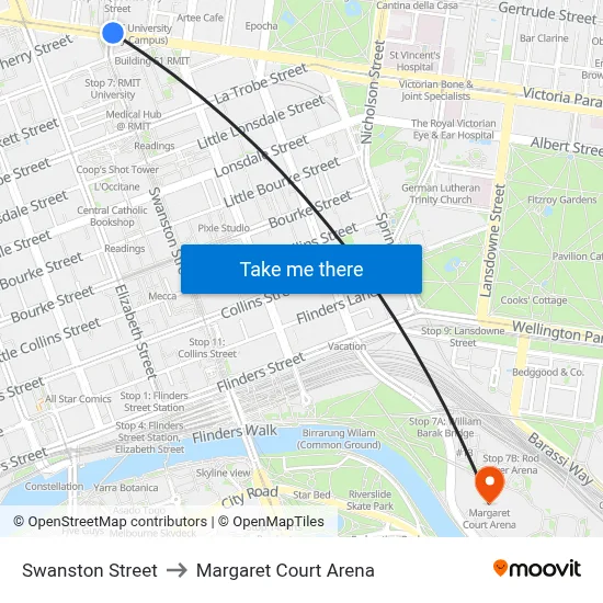 Swanston Street to Margaret Court Arena map