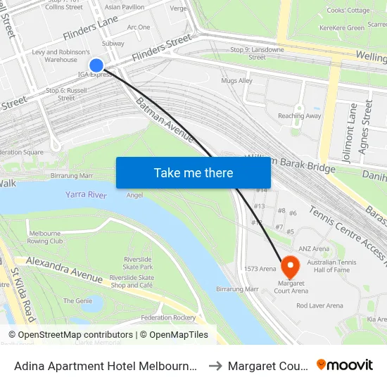 Adina Apartment Hotel Melbourne Flinders Street to Margaret Court Arena map