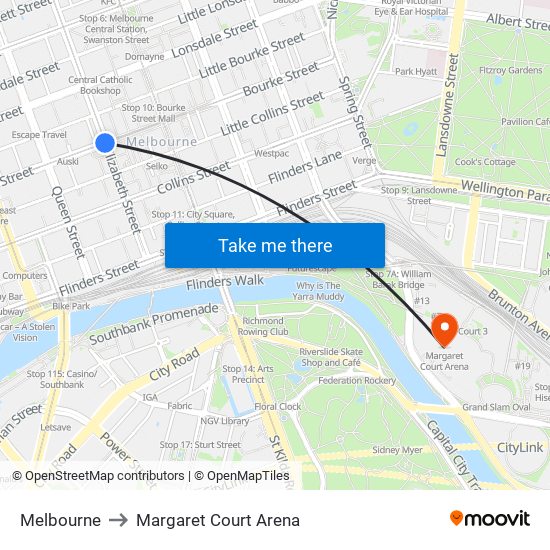 Melbourne to Margaret Court Arena map