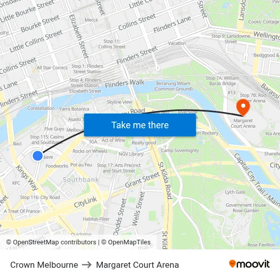 Crown Melbourne to Margaret Court Arena map
