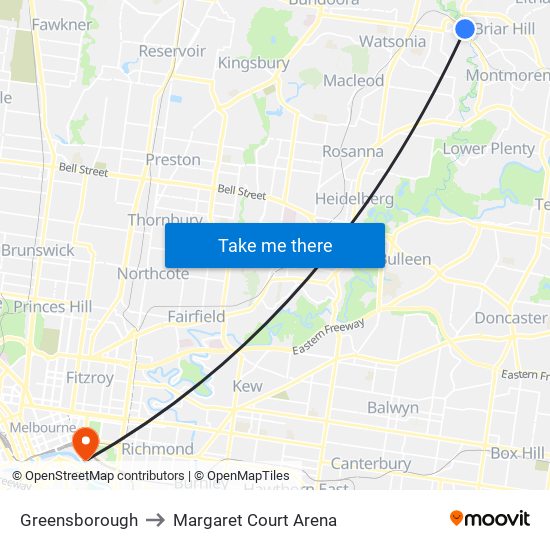 Greensborough to Margaret Court Arena map