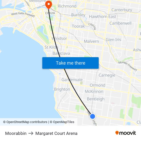 Moorabbin to Margaret Court Arena map