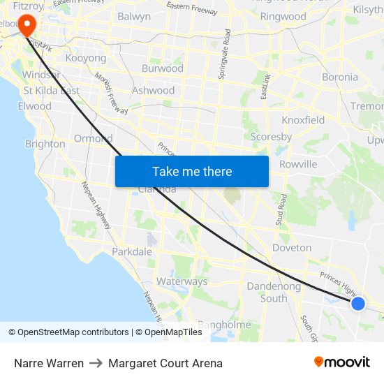 Narre Warren to Margaret Court Arena map