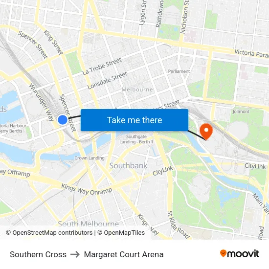 Southern Cross to Margaret Court Arena map
