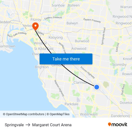 Springvale to Margaret Court Arena map