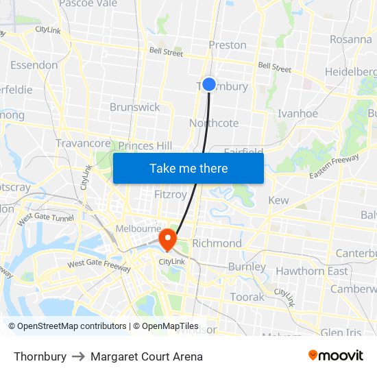 Thornbury to Margaret Court Arena map