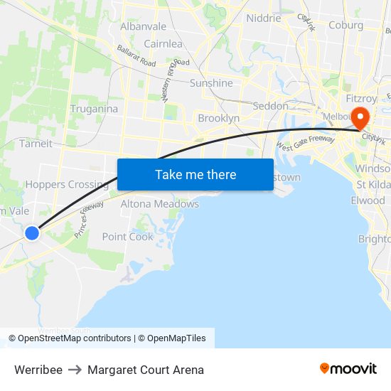 Werribee to Margaret Court Arena map