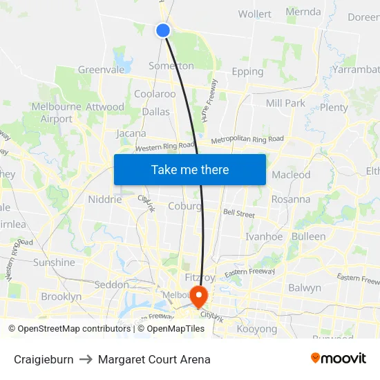 Craigieburn to Margaret Court Arena map