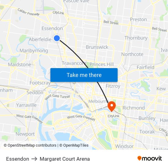 Essendon to Margaret Court Arena map