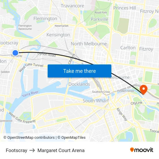 Footscray to Margaret Court Arena map