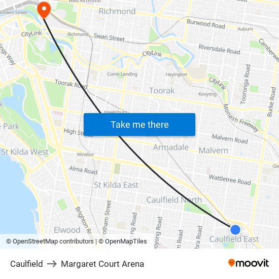 Caulfield to Margaret Court Arena map