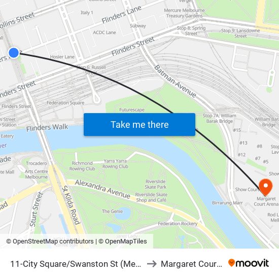 11-City Square/Swanston St (Melbourne City) to Margaret Court Arena map