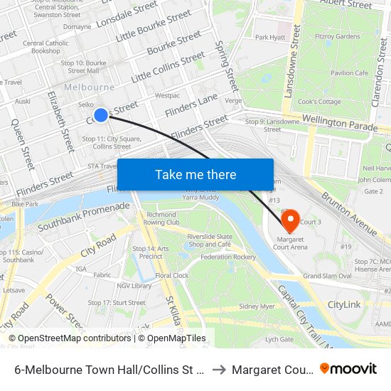 6-Melbourne Town Hall/Collins St (Melbourne City) to Margaret Court Arena map