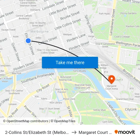 Collins St/Elizabeth St #2 to Margaret Court Arena map