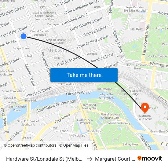 Hardware St/Lonsdale St (Melbourne City) to Margaret Court Arena map