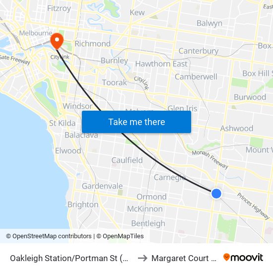 Oakleigh Station/Portman St (Oakleigh) to Margaret Court Arena map