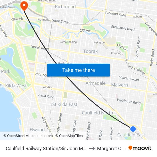 Caulfield Railway Station/Sir John Monash Dr (Caulfield East) to Margaret Court Arena map