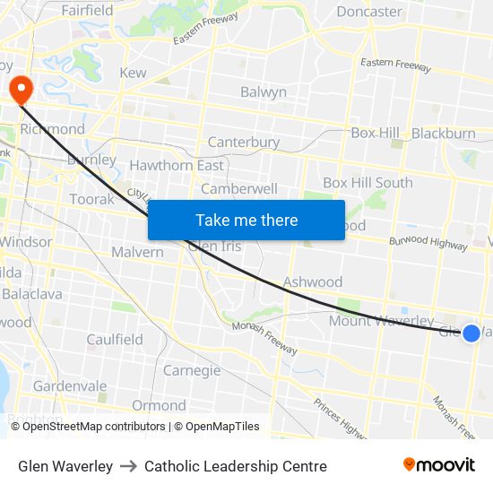 Glen Waverley to Catholic Leadership Centre map
