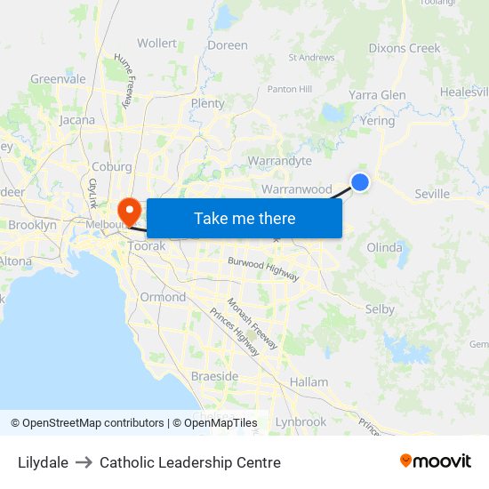 Lilydale to Catholic Leadership Centre map