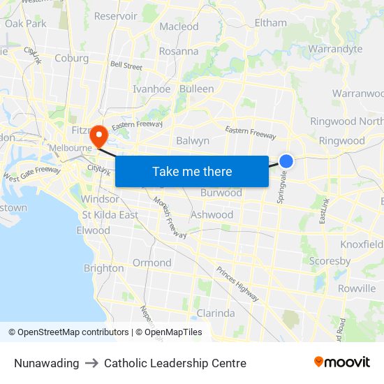 Nunawading to Catholic Leadership Centre map
