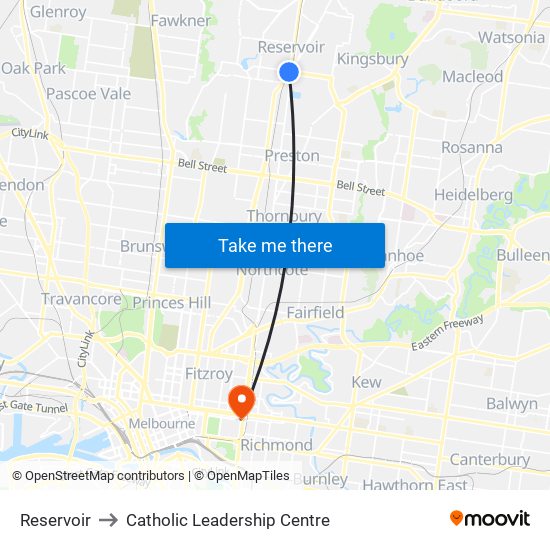 Reservoir to Catholic Leadership Centre map