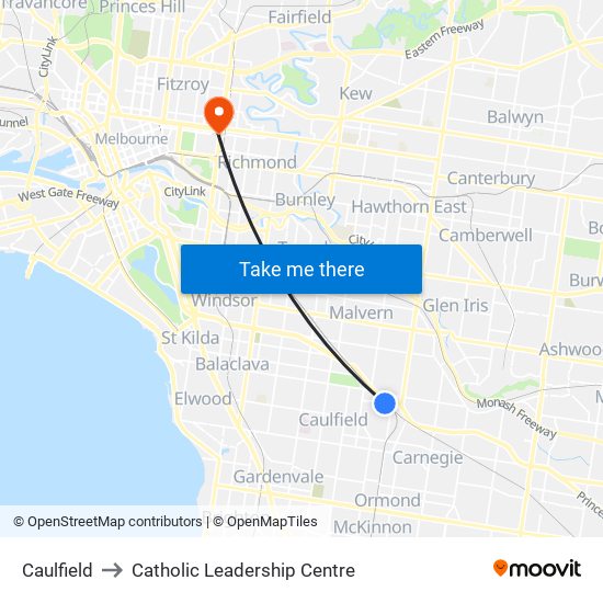 Caulfield to Catholic Leadership Centre map