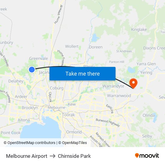 Melbourne Airport to Chirnside Park map