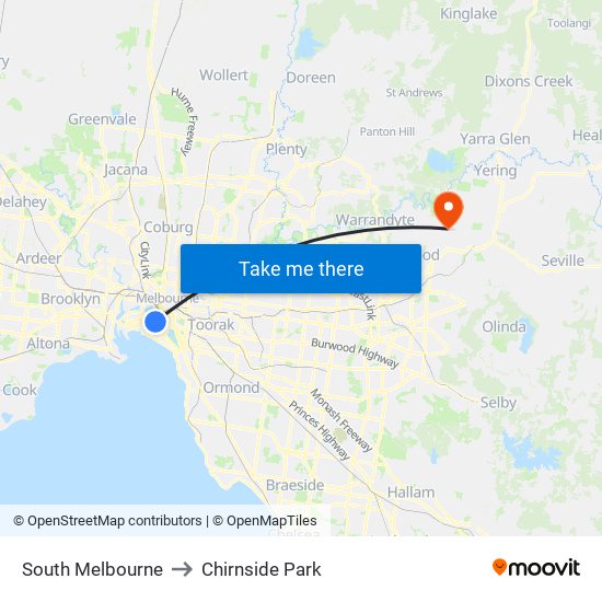 South Melbourne to Chirnside Park map