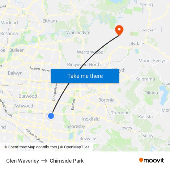 Glen Waverley to Chirnside Park map
