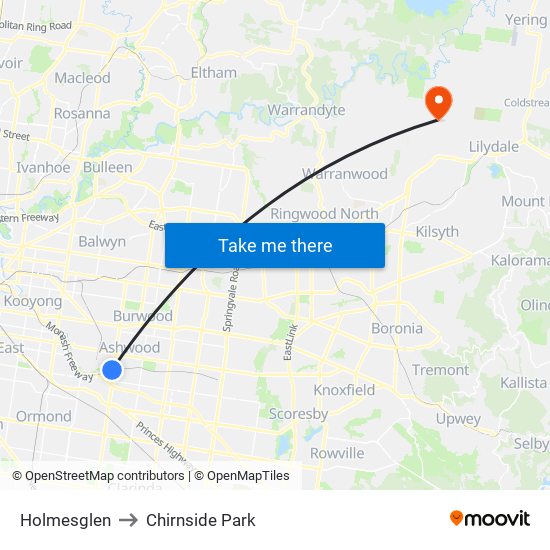 Holmesglen to Chirnside Park map