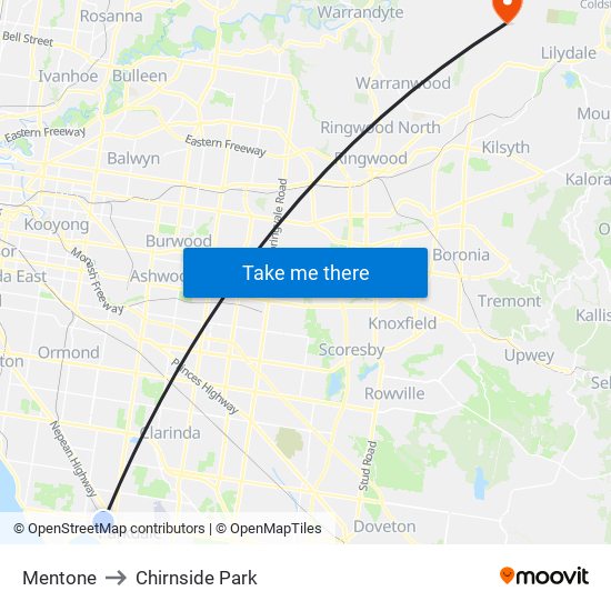 Mentone to Chirnside Park map