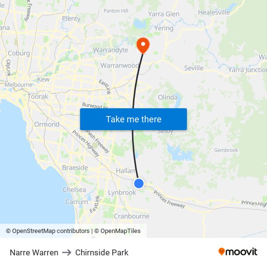 Narre Warren to Chirnside Park map