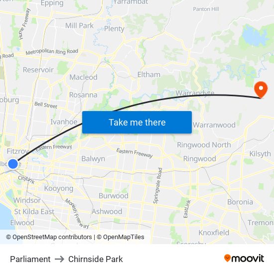 Parliament to Chirnside Park map